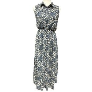 The Style Floral Damask Collared Maxi Dress Size Medium Sophisticated Blue Cream